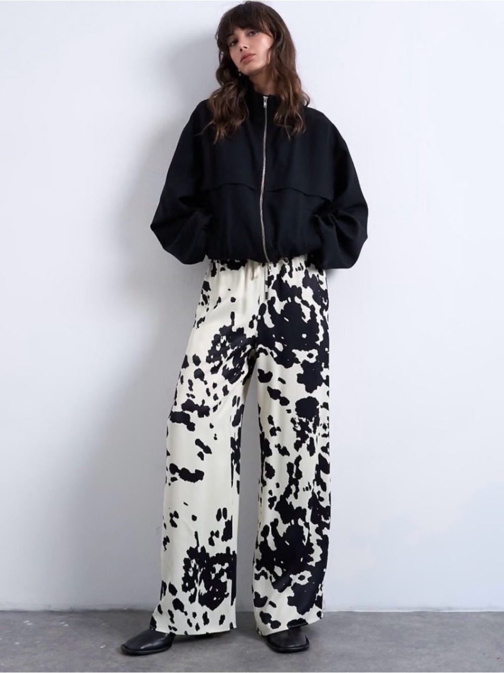 Topshop Black & White Cow-Print Wide-Leg Pants